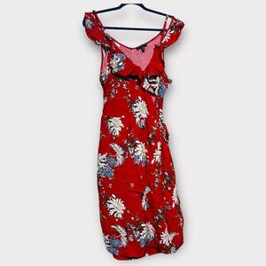 Silver Jeans Co. Red Floral Wrap Dress with Ruffles | Size L | Cranes & Blossoms